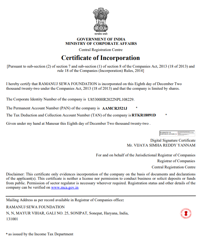 Ramanuj Sewa Foundation - Government Registration Certificate